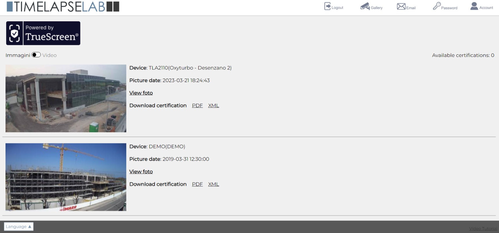 Schermata di computer del software timelapse in cui sono visibili due cantieri con varie possibilità di azioni tra cui scaricare l'immagine e scaricare la documentazione certificata