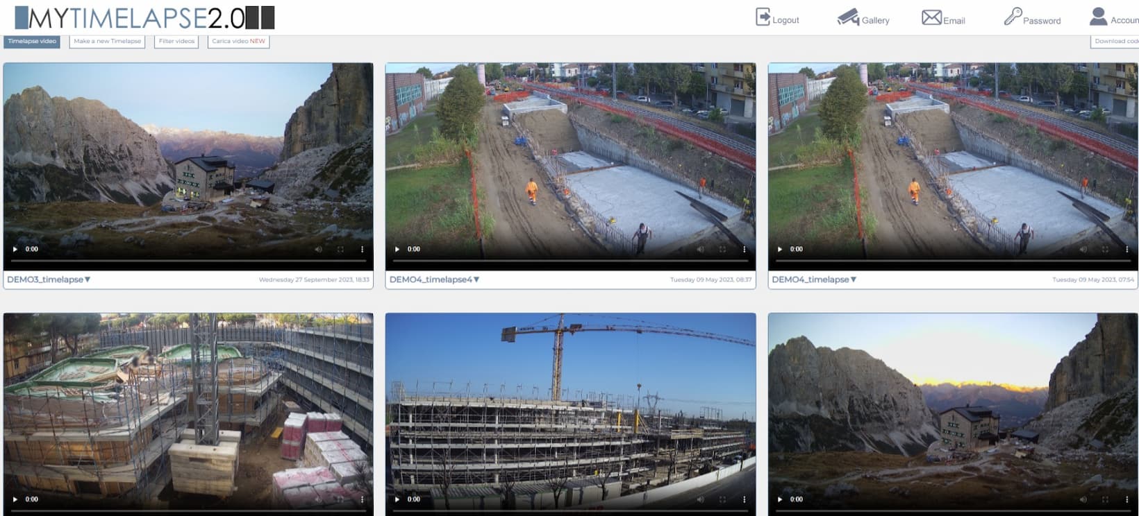 Software timelapse per il monitoraggio dei cantieri. Sei schermate diverse con cantieri diversi rappresentati in contemporanea